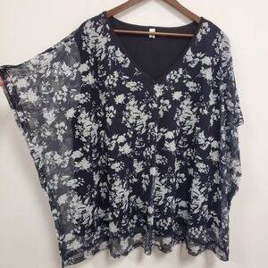 Agnes Orinda Womens Mesh Overlay‎ Dark Floral Artsy Fairy Top Size 4X Stretch